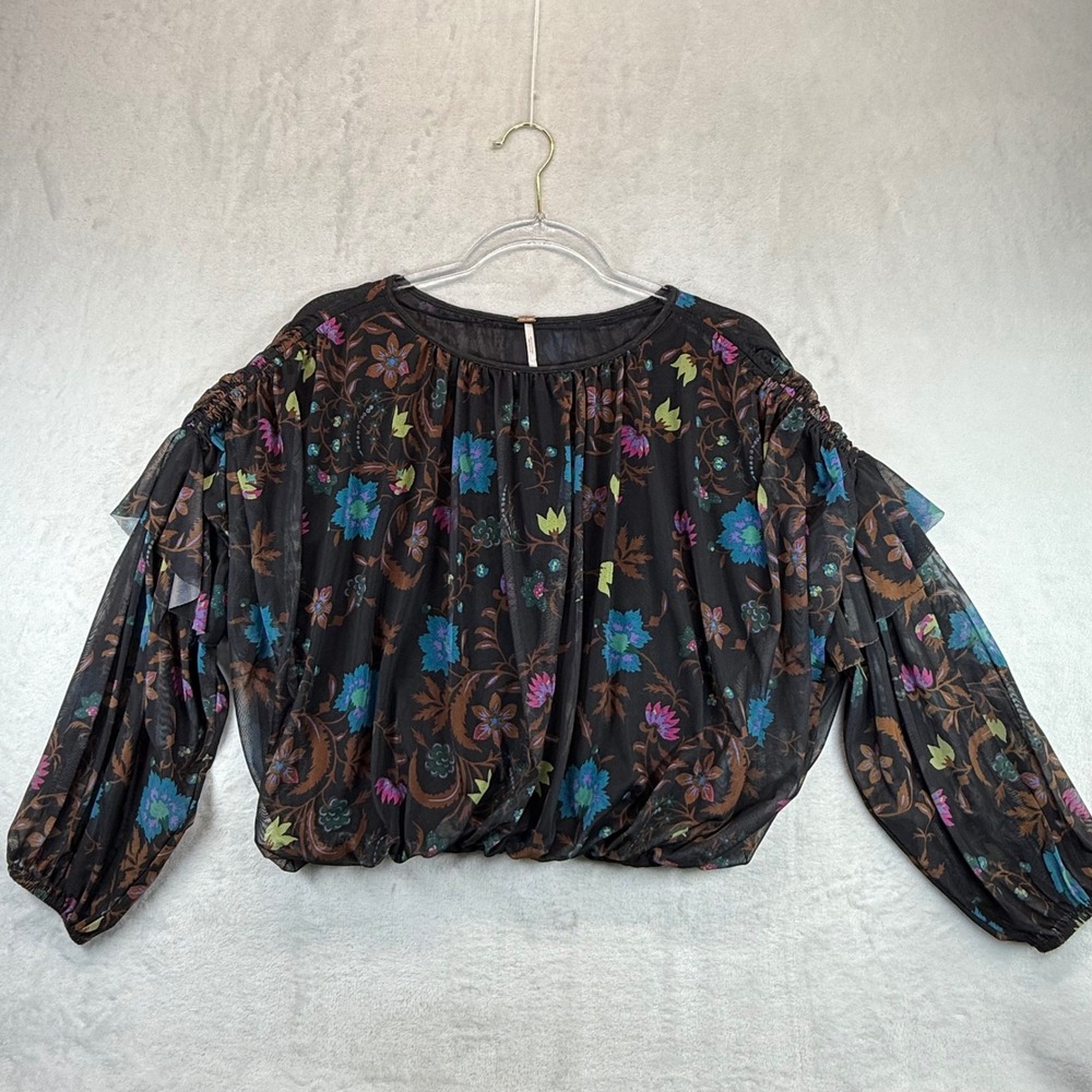 Free People Floral Blouse Sheer Ruffle Long Sleeve Top‎ Black XS